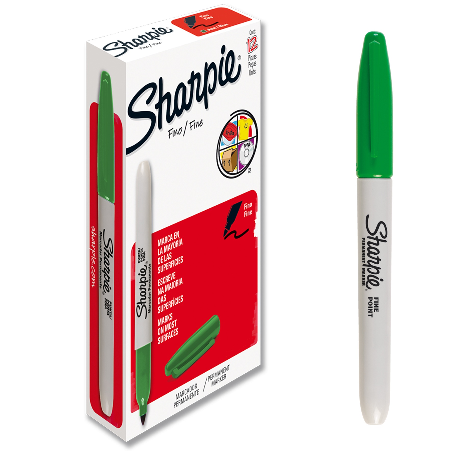 Marcador Permanente Sharpie fino color verde x 12 unds.