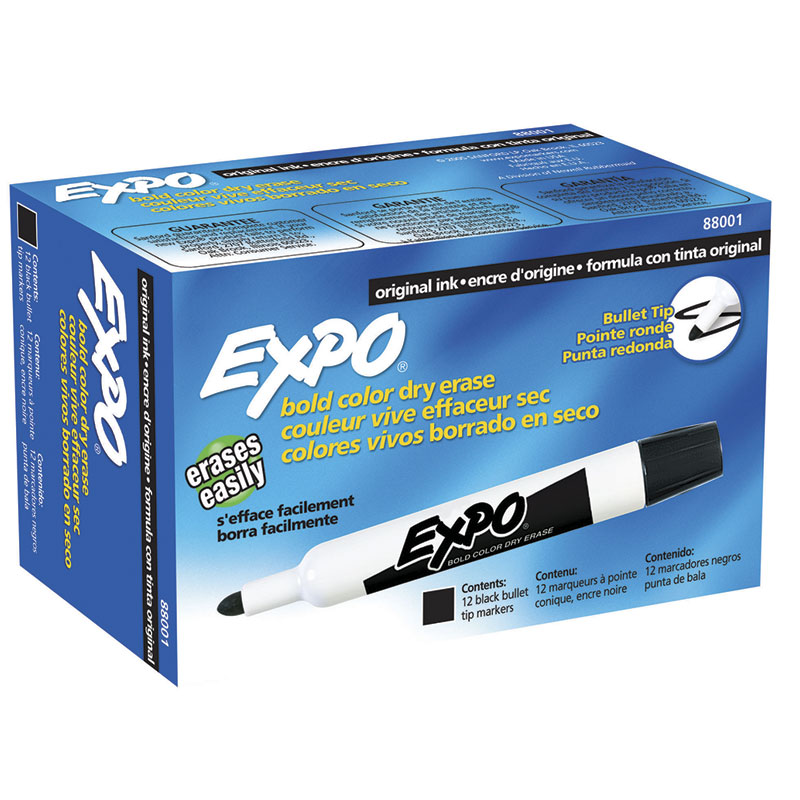 Marcadores Expo borrables color negro Caja x 12 unds.