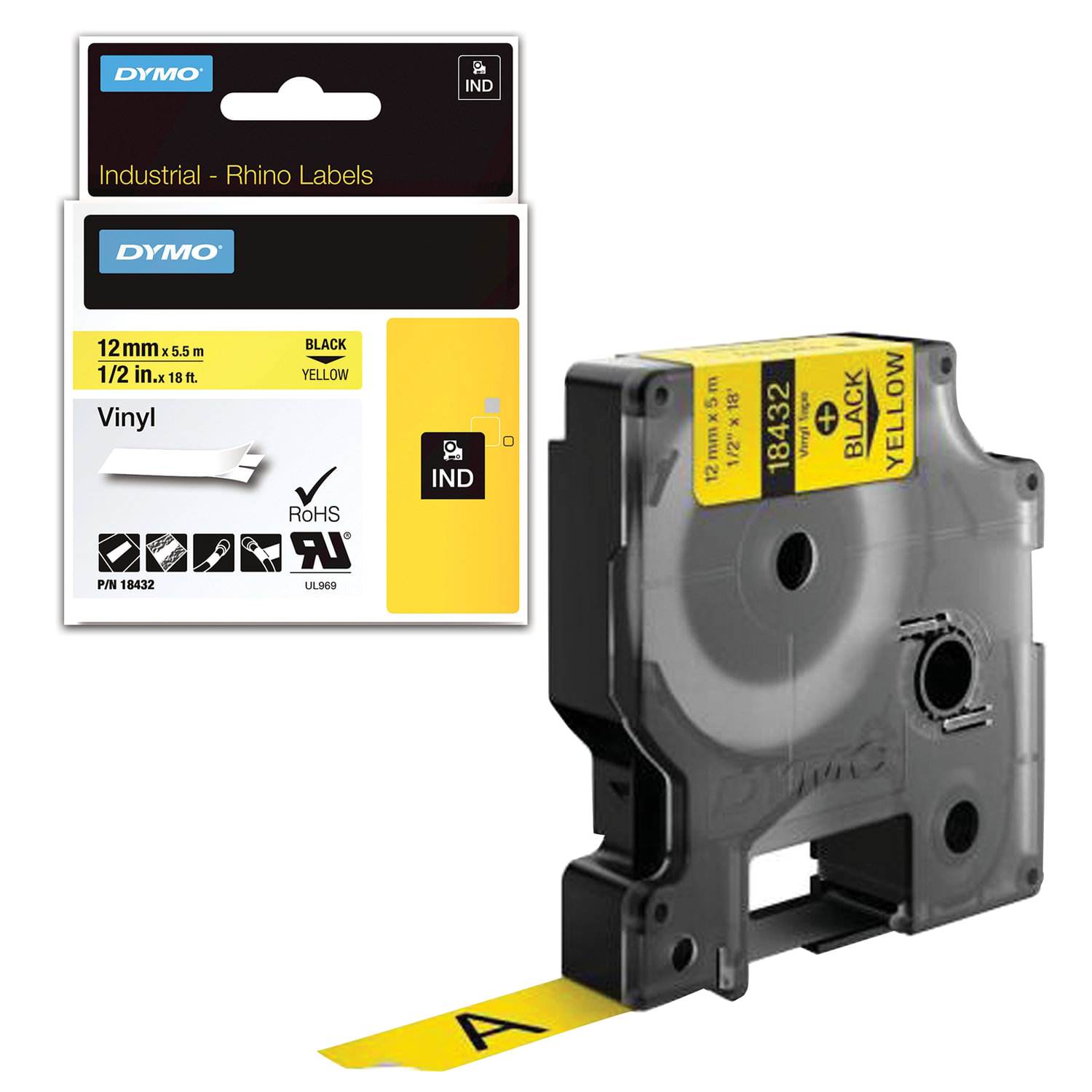 Cinta Dymo Rhino en vinilo de 12mm fondo amarillo Cinta Dymo Rhino en vinilo de 12mm fondo amarillo